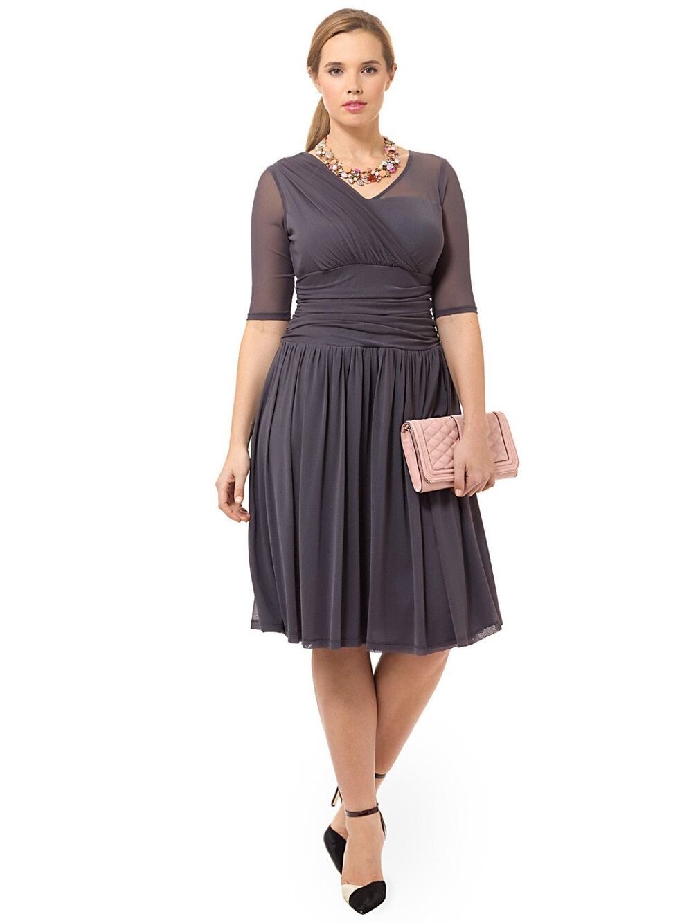 Kiyonna Modern Mesh Gray Party Dress Size 10 12 Romantic Fit Flare Retro Elegant